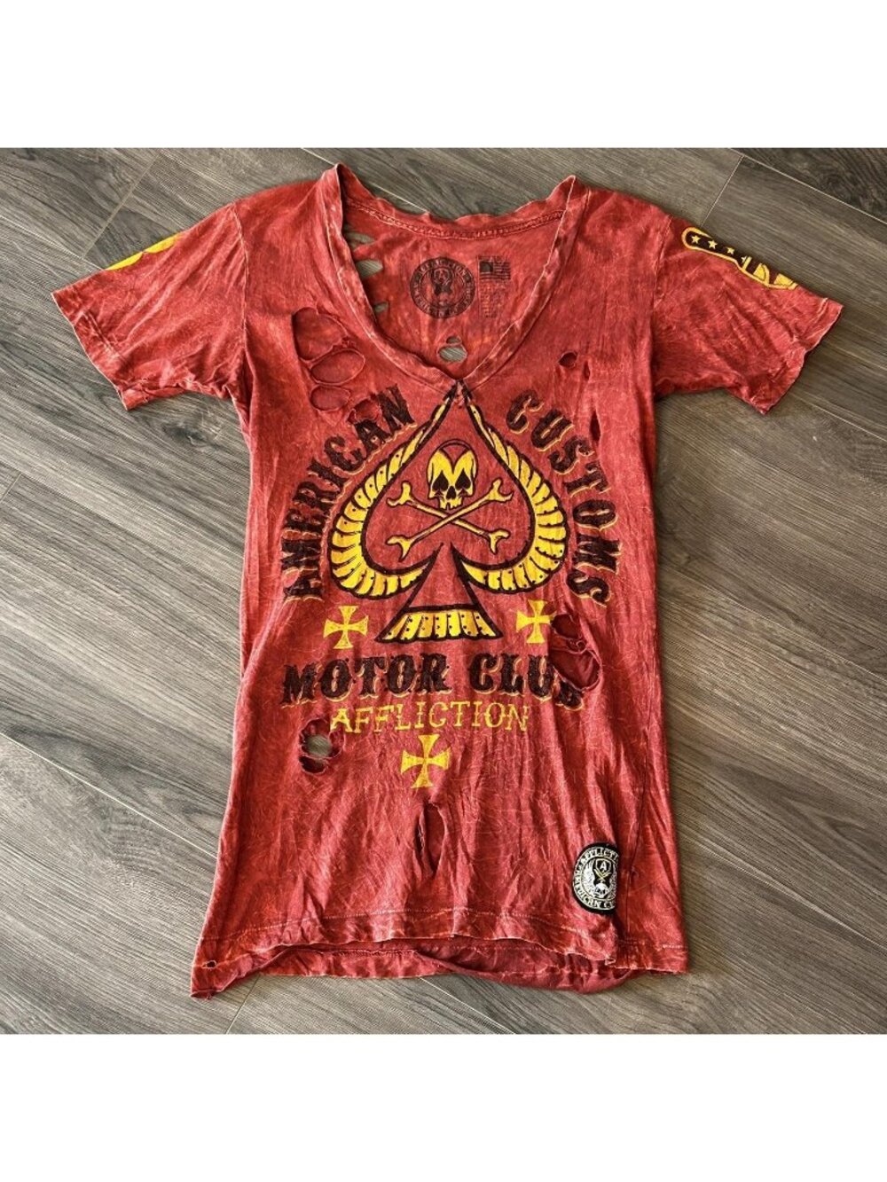 Affliction Shirt Womens M Red American Customs Motor Skull Distressed Tunic Top